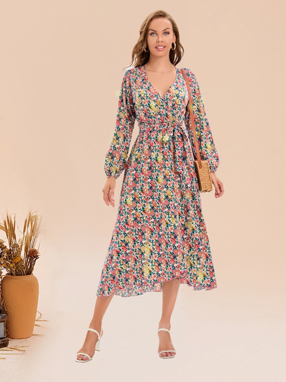 Full Size Printed Surplice Long Sleeve Dress 