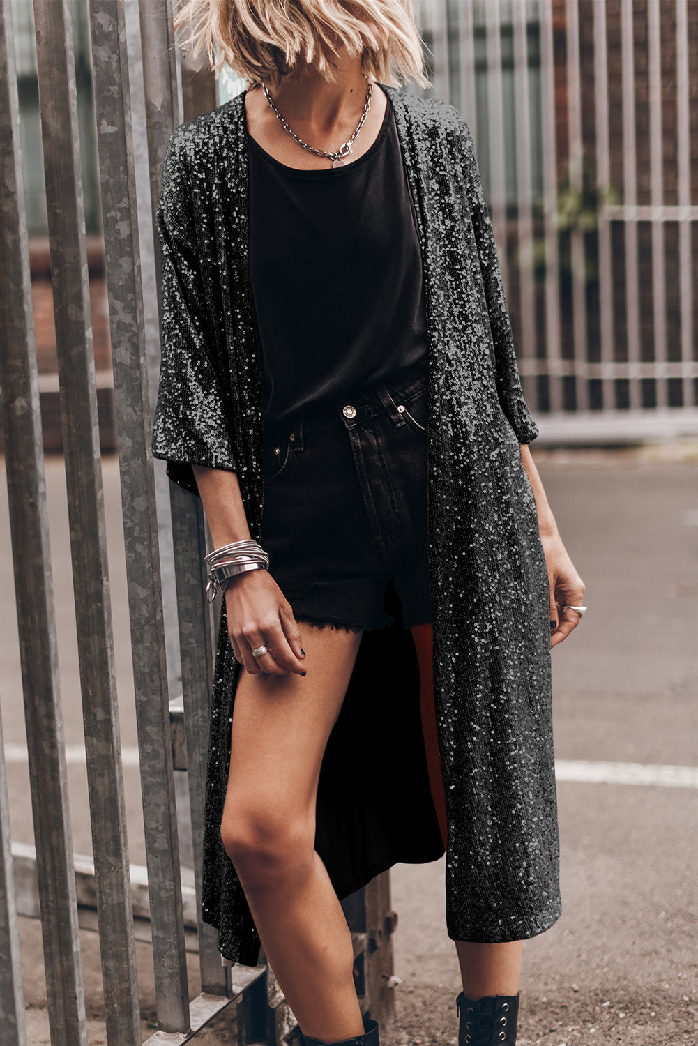 Sequin Open Front Duster Cardigan - Babbazon Sparkly Clothes