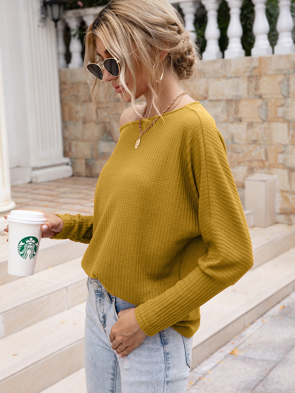 Waffle-Knit Boat Neck Long Sleeve Top 