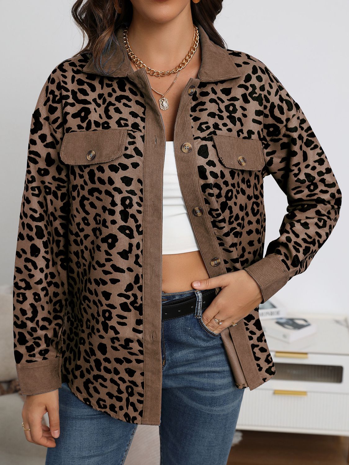 Full Size Leopard Buttoned Jacket - Babbazon Jacket