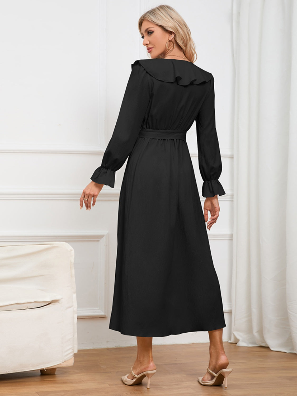 Surplice Tie Front Flounce Sleeve Dress 