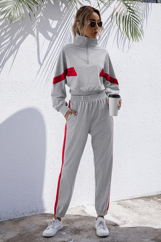 Turtle Neck Long Sleeve Zip-Up Top Long Pants Set 