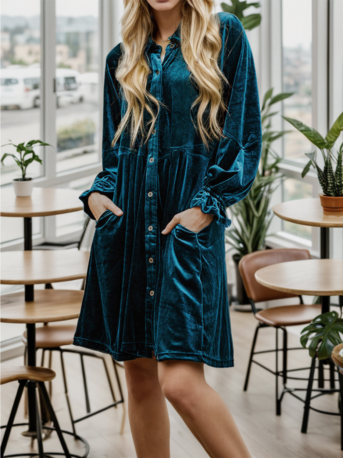 Button Up Drawstring Flounce Sleeve Dress 