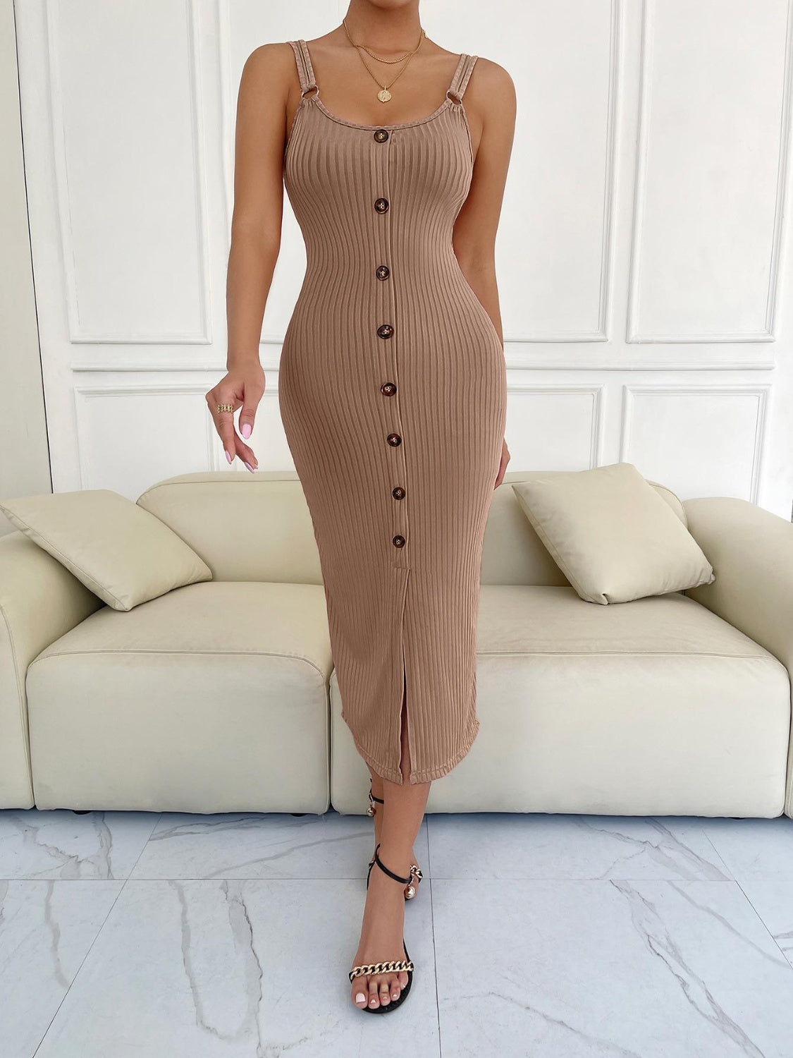 Ribbed Slit Decorative Button Cami Dress - Babbazon Midi Dress