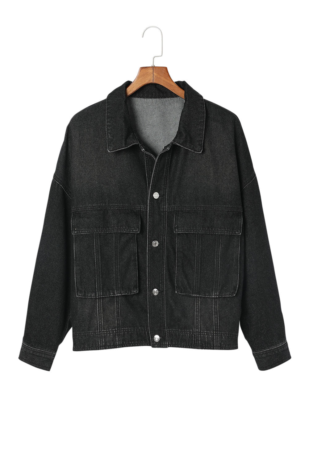 Button Up Dropped Shoulder Denim Jacket with Pockets - Babbazon Jacket