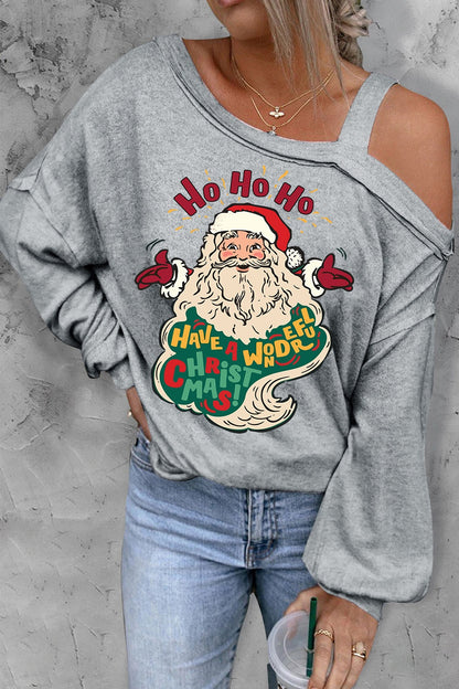 Santa Claus Graphic Asymmetrical Neck Long Sleeve Top 