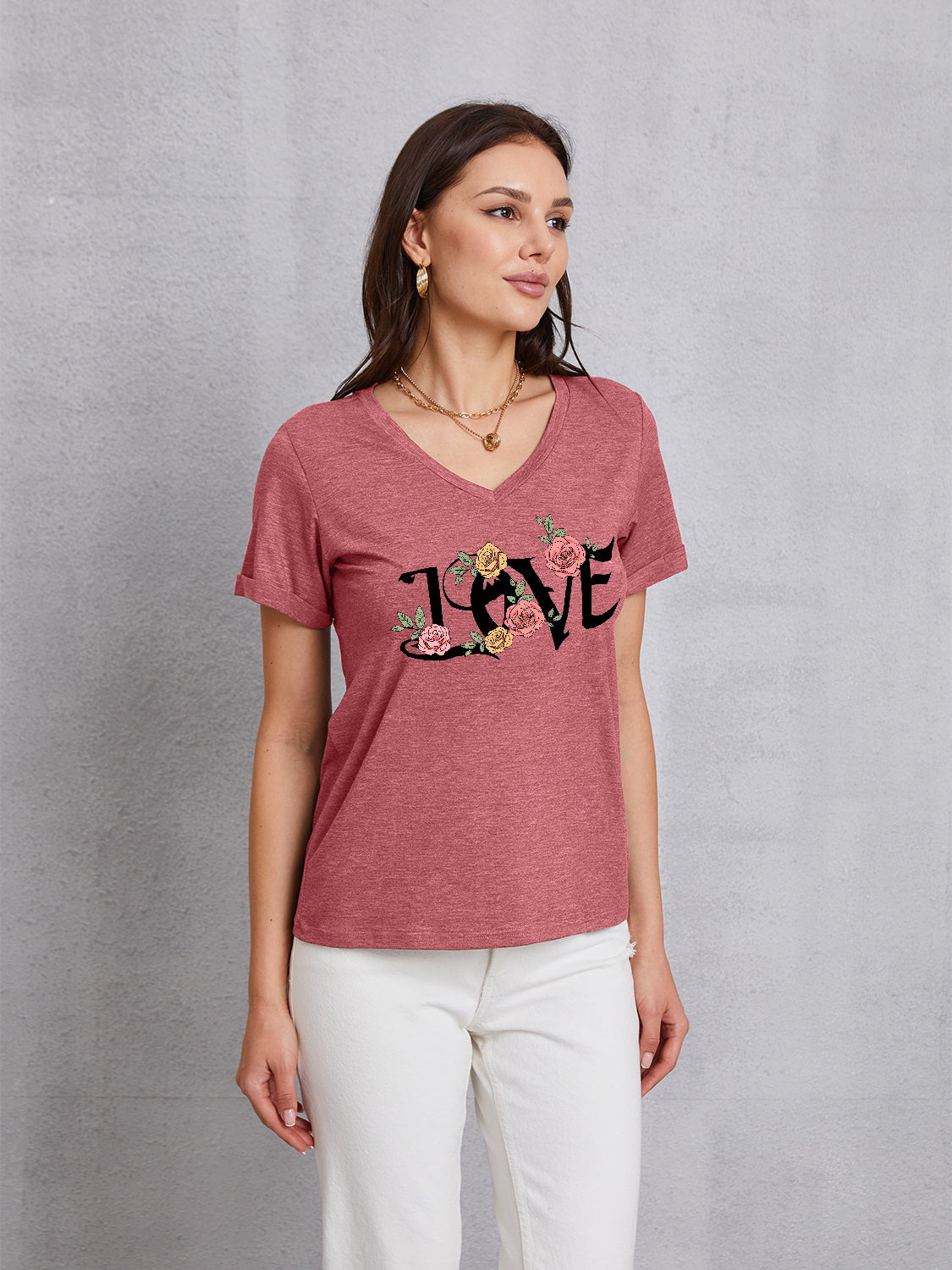 LOVE V-Neck Short Sleeve T-Shirt - Babbazon Camisole