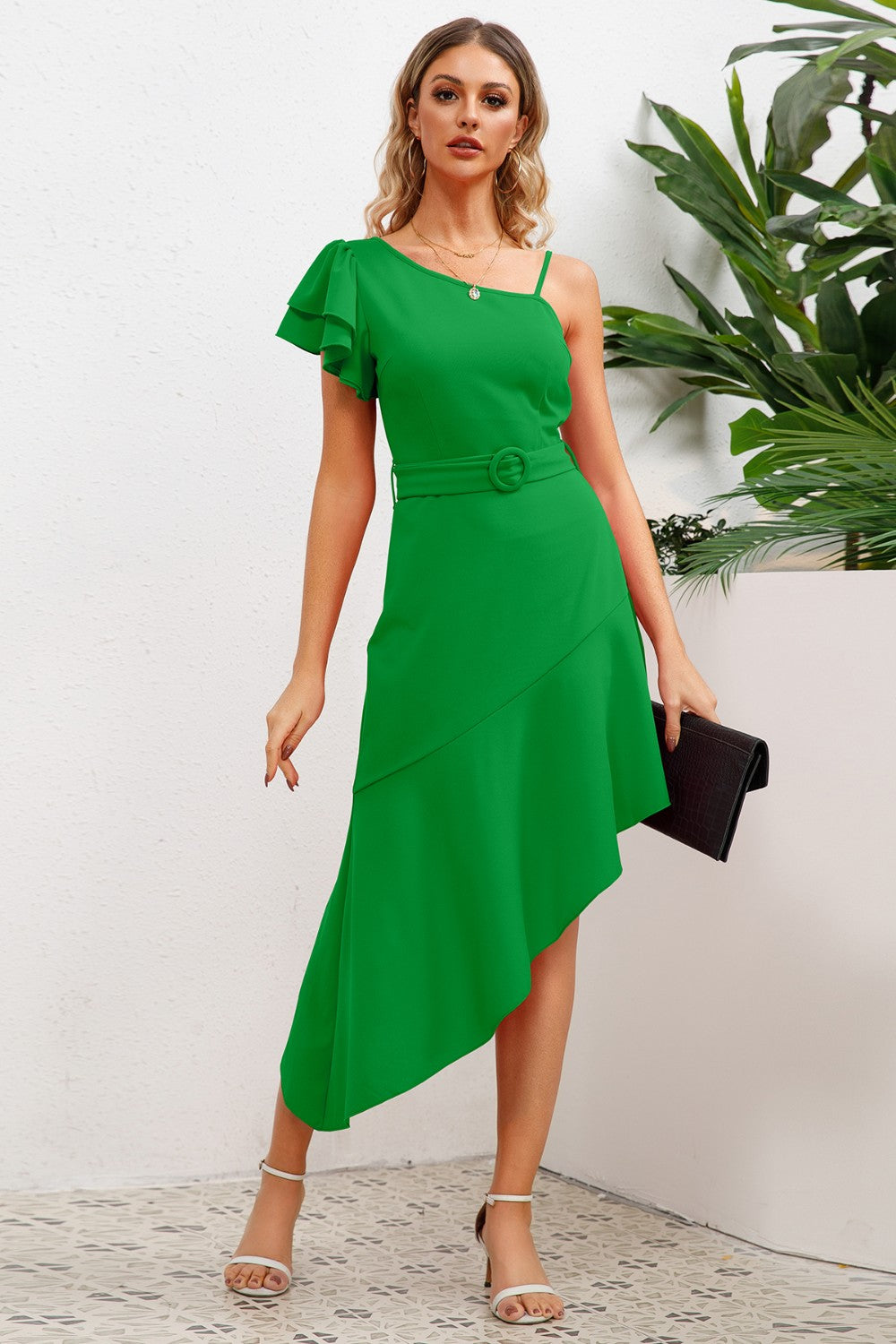 Ruffled Asymmetrical Neck Flutter Sleeve Dress 