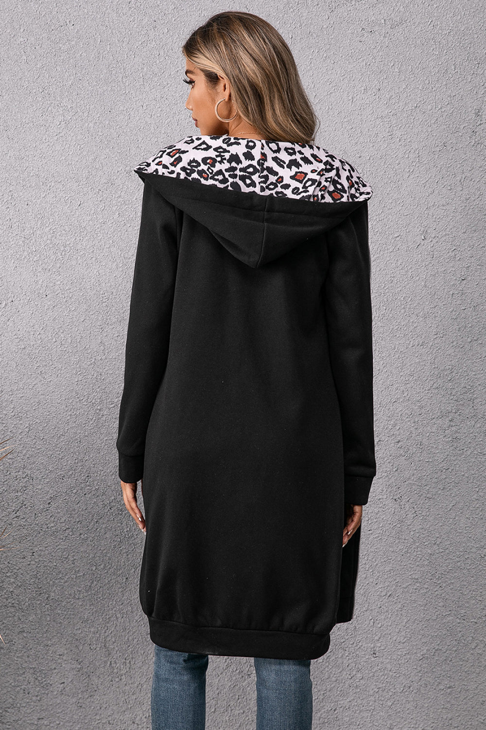 Leopard Spliced Drawstring Zip Up Hoodie Dress 