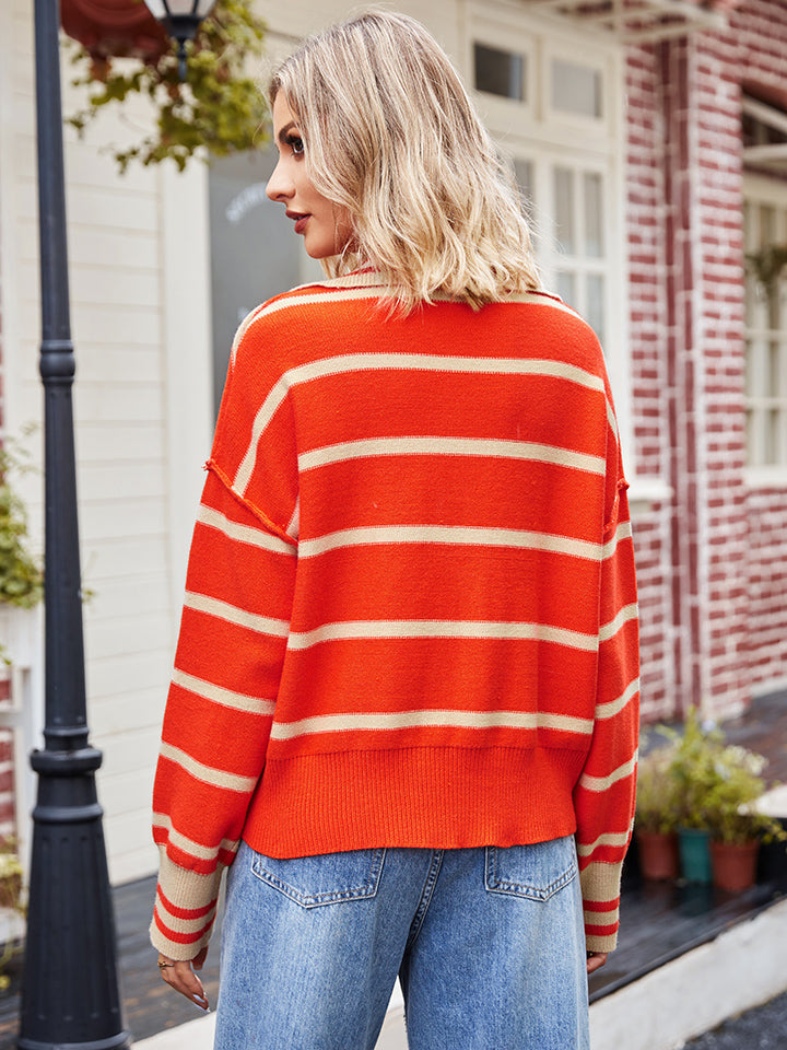 Striped Dropped Shoulder Notched Neck Knit Top 