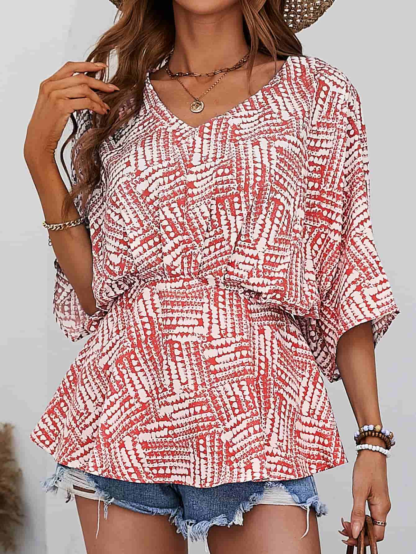 Printed V-Neck Dolman Sleeve Blouse - Babbazon blouse