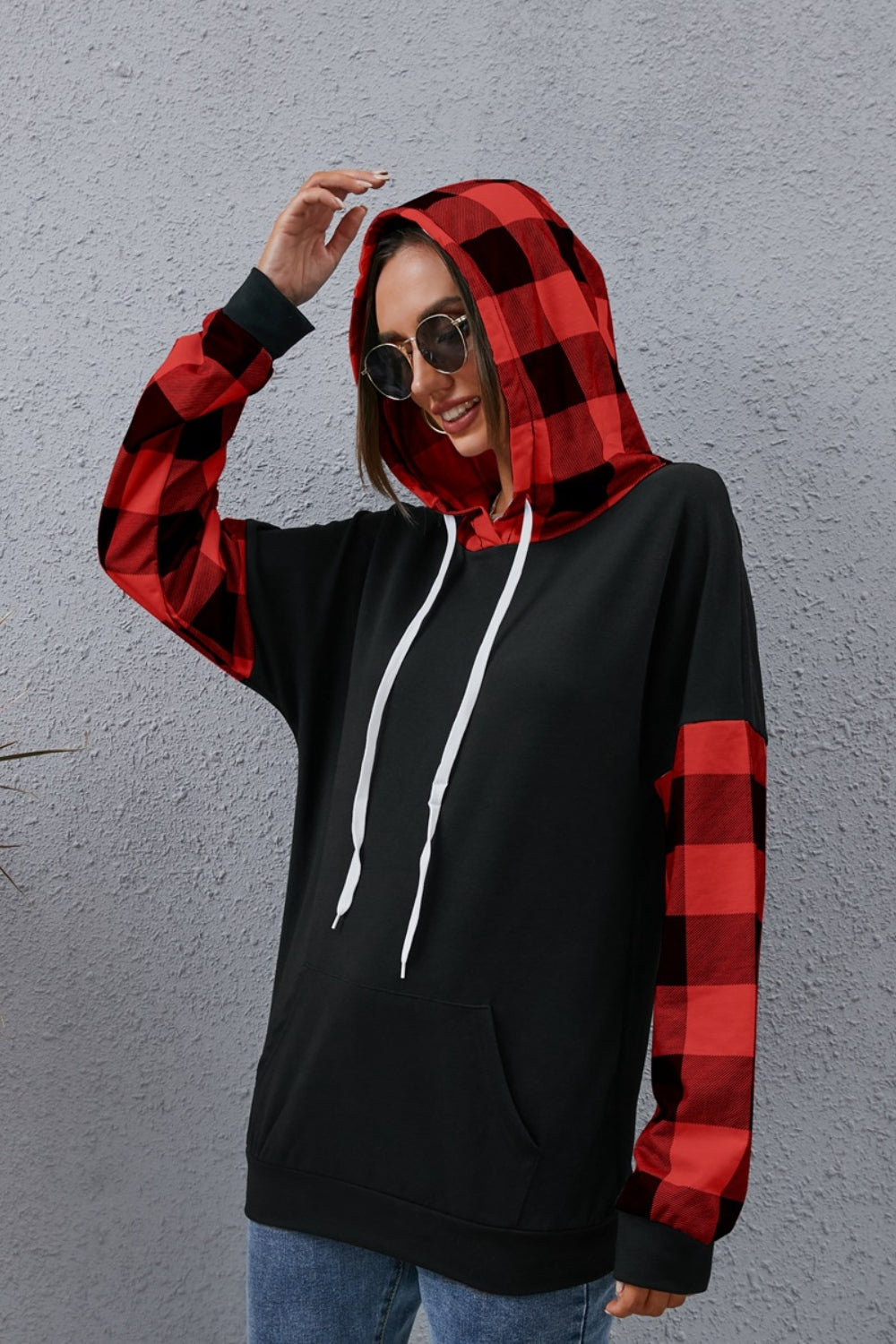 Plaid Drawstring Dropped Shoulder Hoodie 