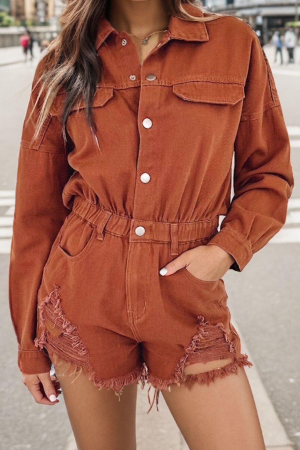 Distressed Raw Hem Snap Down Romper 