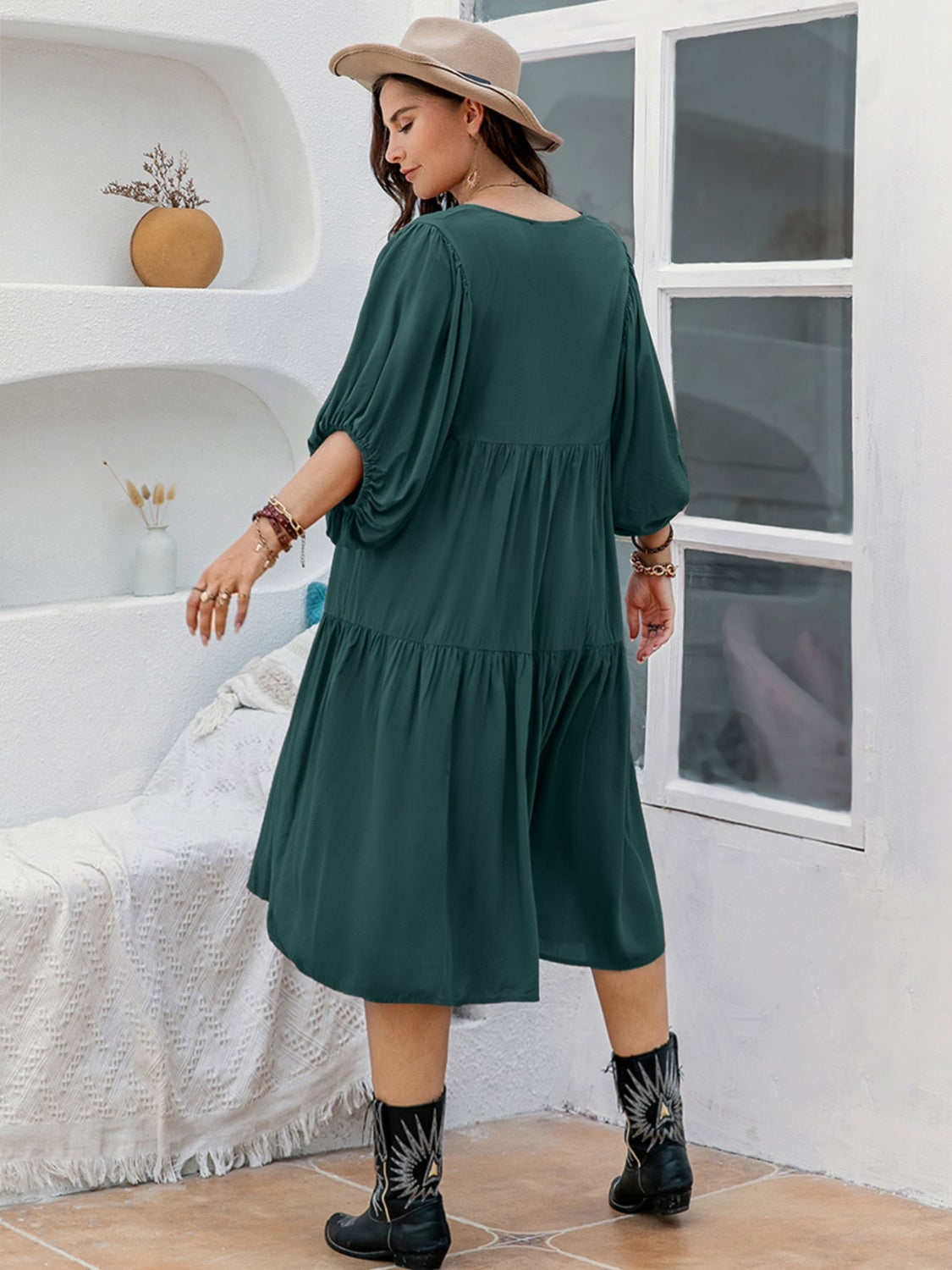 Plus Size Tie Neck Balloon Sleeve Midi Dress 