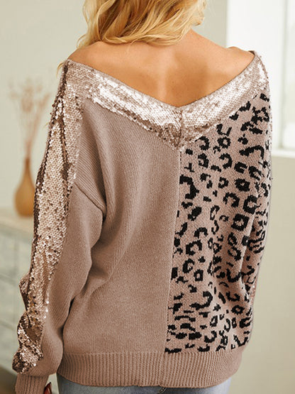 Leopard Sequin V-Neck Long Sleeve Sweater 