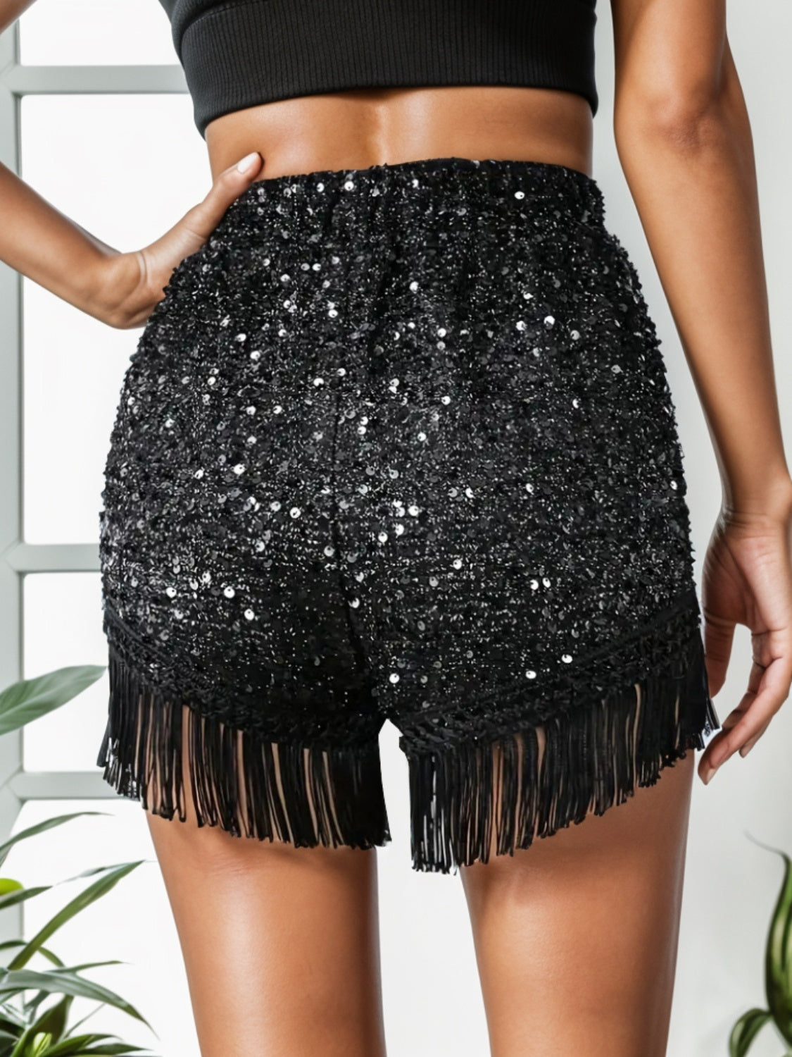 Fringe Sequin Mid-Rise Waist Shorts 