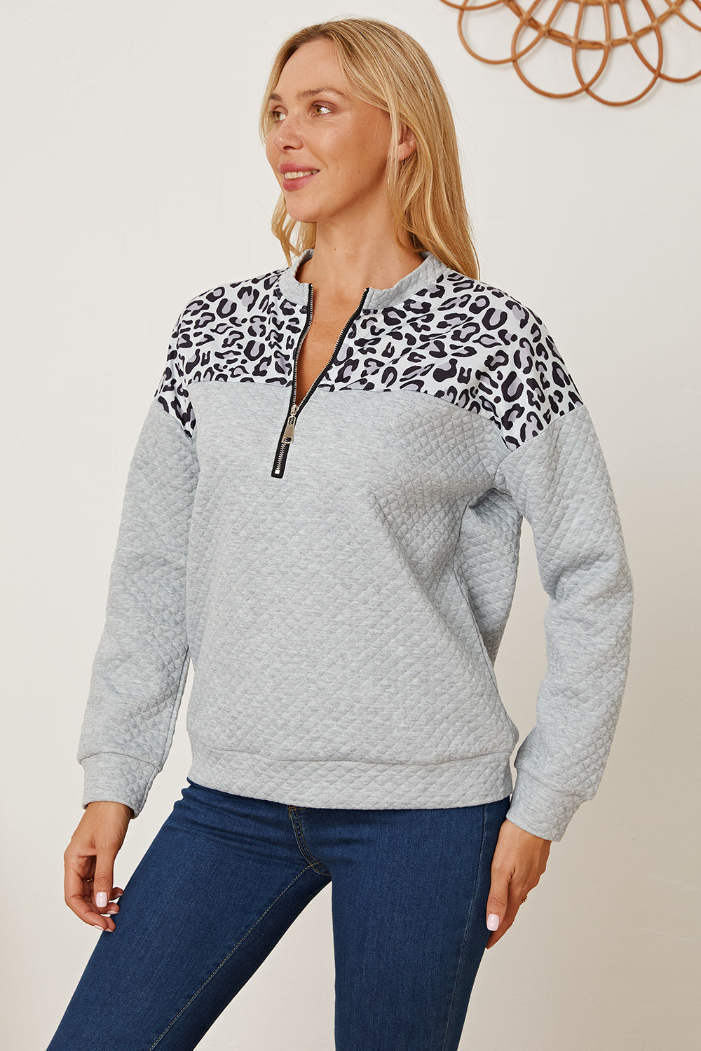 Leopard Half Zip Dropped Shoulder Sweatshirt 