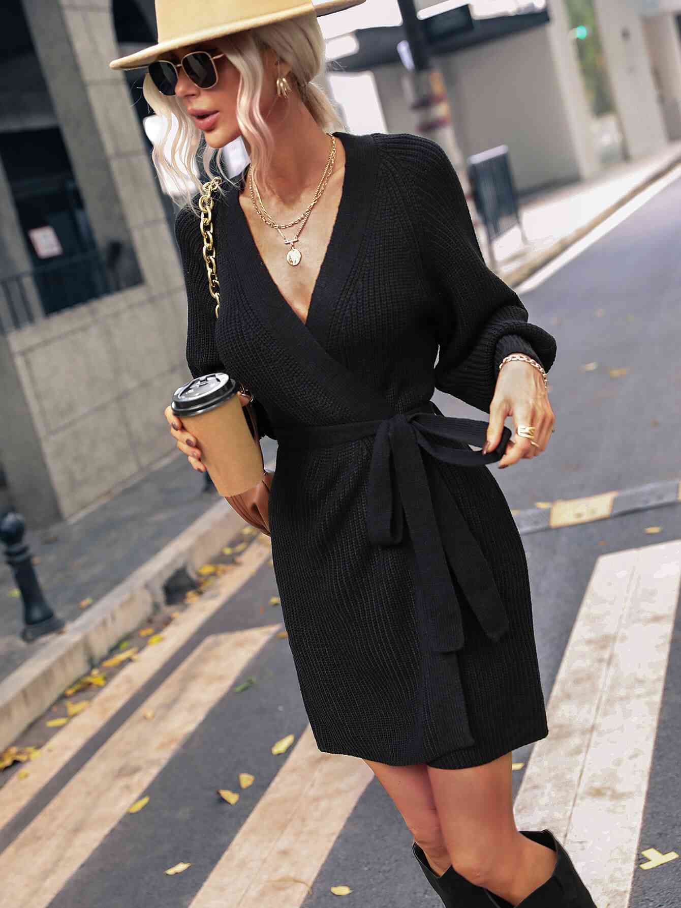 Belted Surplice Lantern Sleeve Wrap Sweater Dress