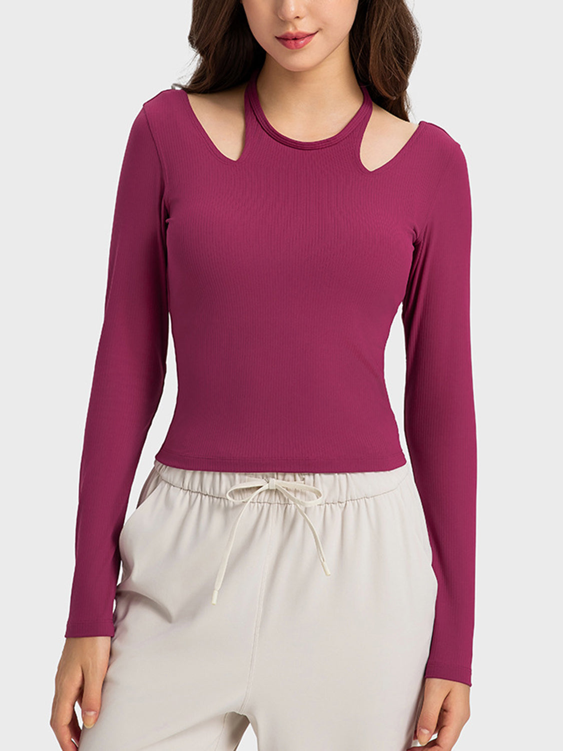 Halter Neck Long Sleeve Sporty Top - Babbazon Tops