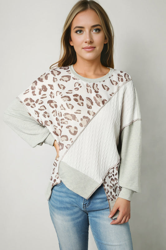 Leopard Exposed Seams Round Neck Sweatshirt 