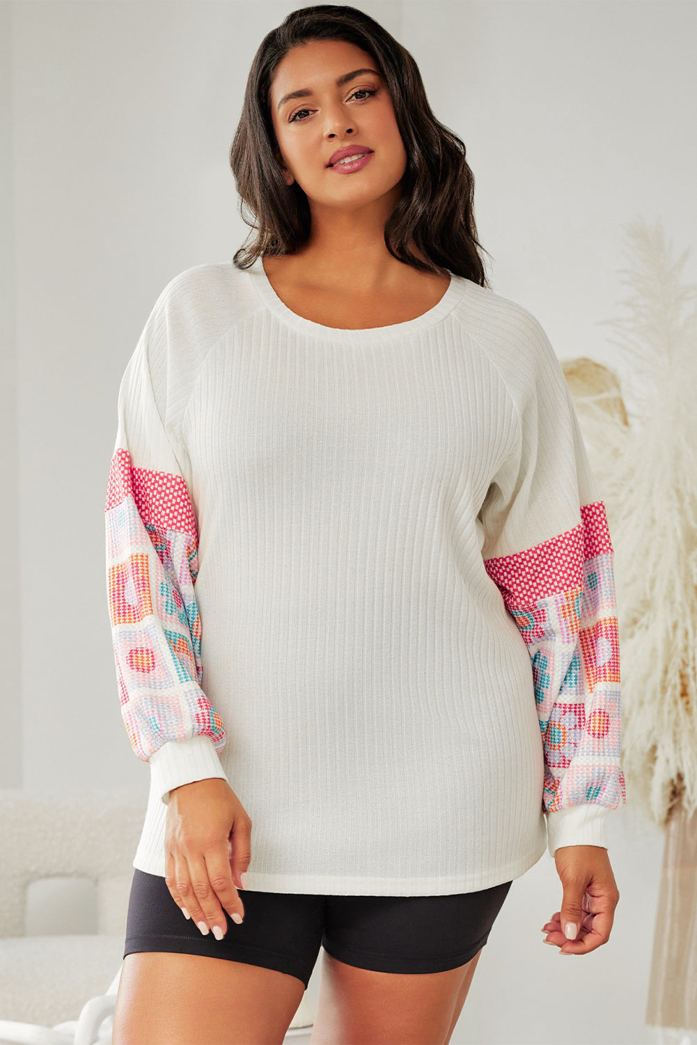 Plus Size Flower Pattern Round Neck Long Sleeve T-Shirt 