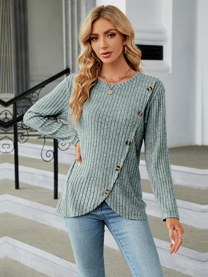 Round Neck Ribbed Button Detail Blouse 