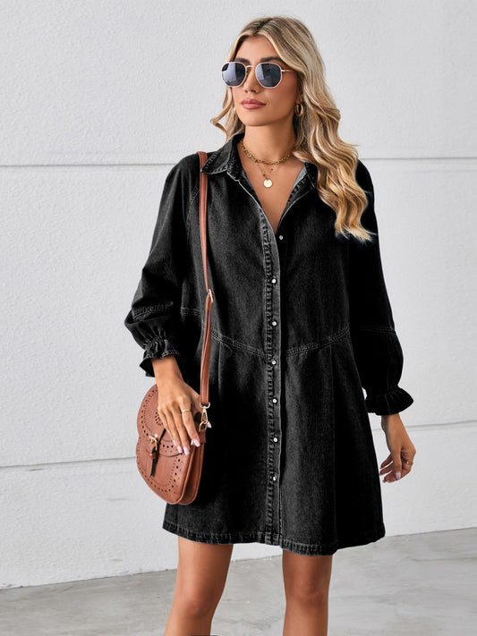 Button Up Flounce Sleeve Mini Denim Dress 