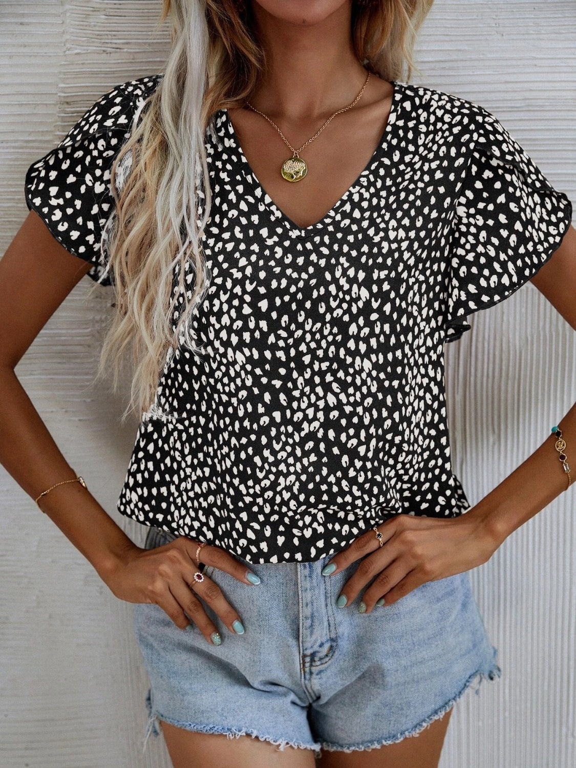 Printed V-Neck Petal Sleeve Blouse 