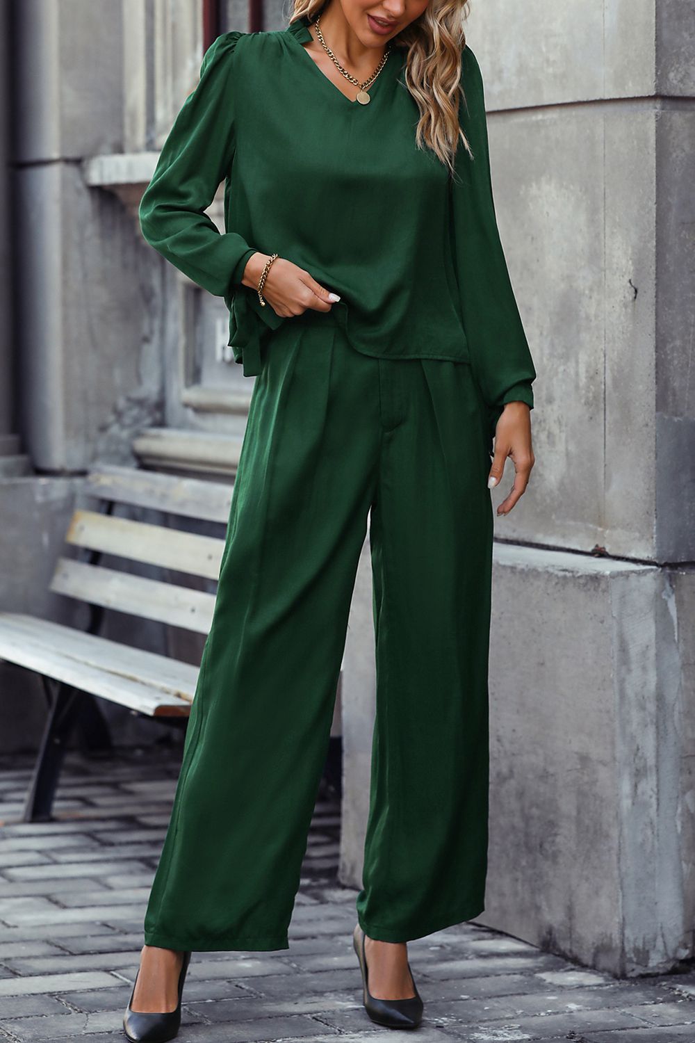 V-Neck Long Sleeve Top and Wide Leg Pants Set 