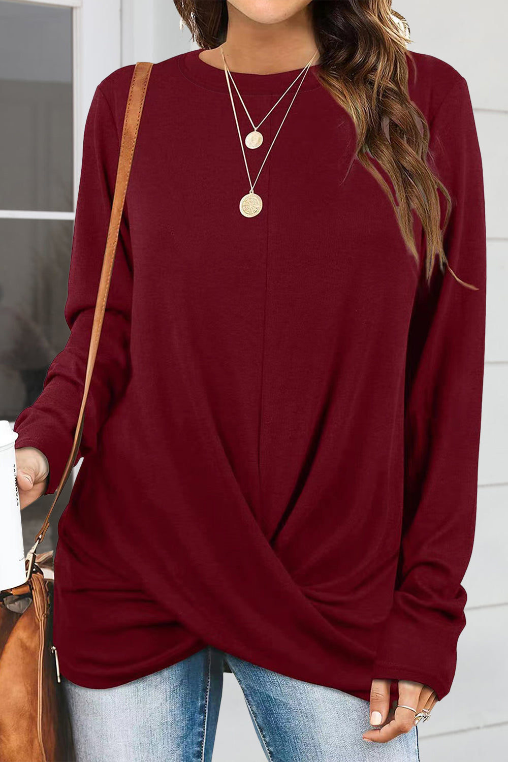 Ruched Round Neck Long Slleeve T-Shirt 