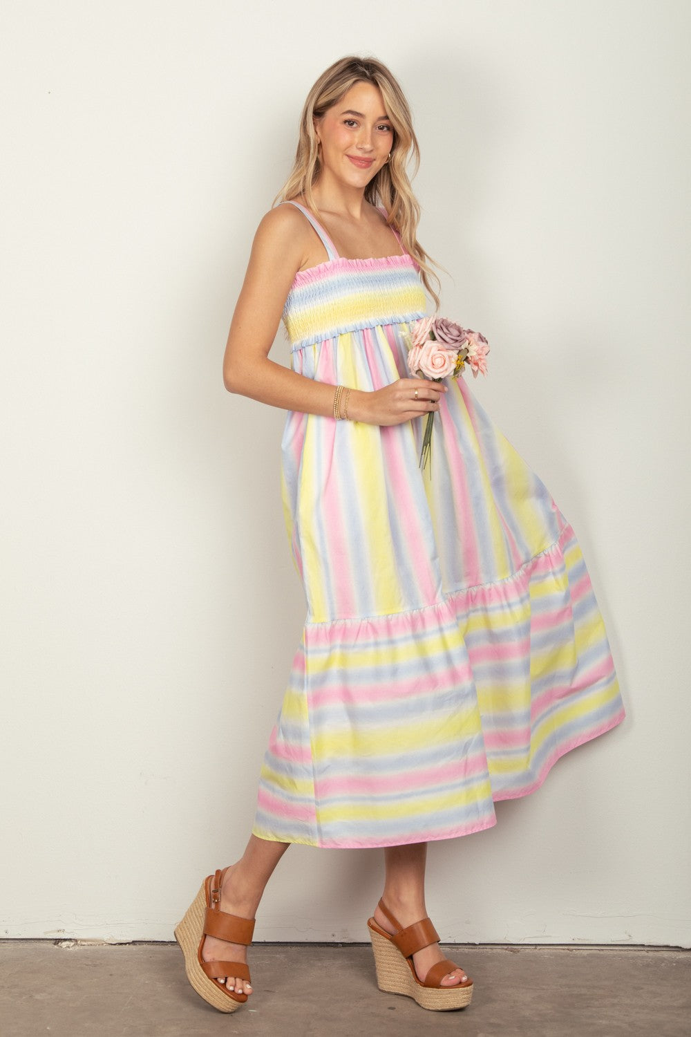 VERY J Striped Woven Smocked Midi Cami Dress 