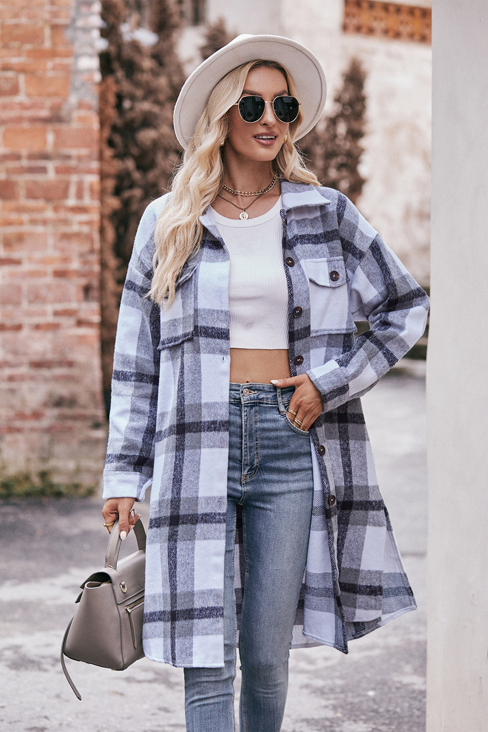 Plaid Dropped Shoulder Longline Jacket 