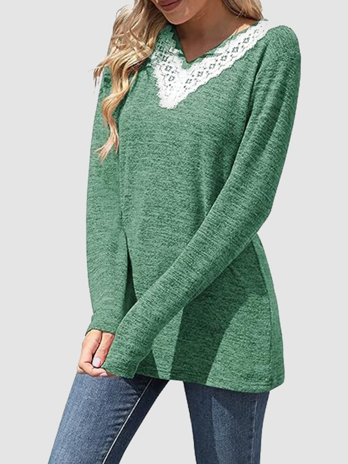 Lace Detail V-Neck Long Sleeve Top