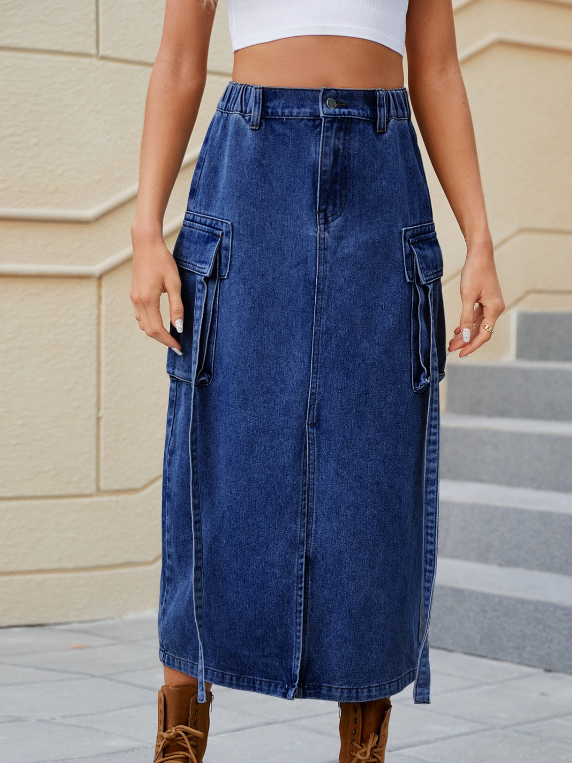 Slit Pocketed High Waist Denim Skirt 