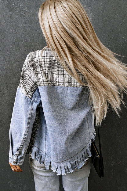 Plaid Pocketed Snap Down Denim Jacket 