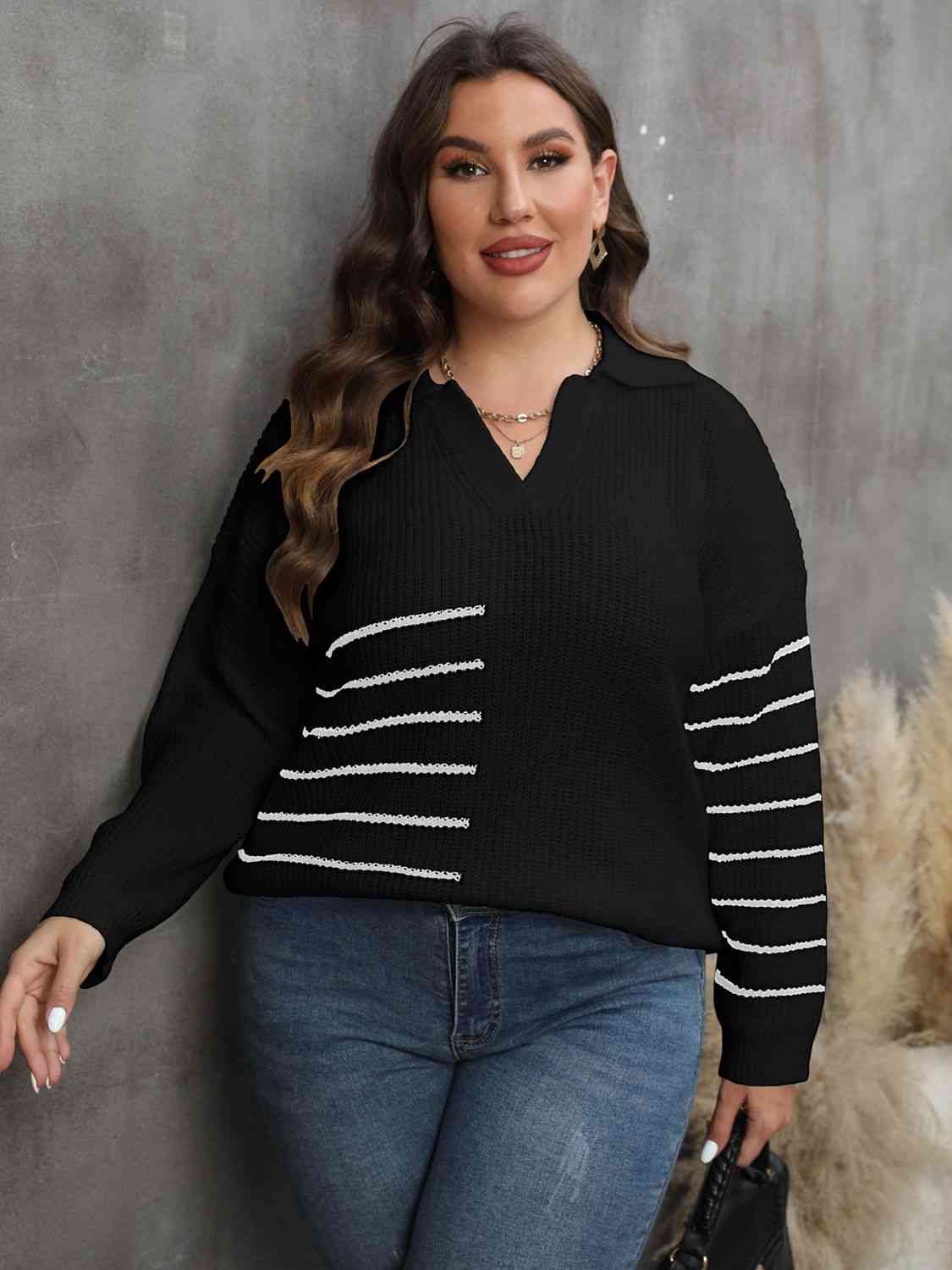 Plus Size Striped V-Neck Sweater 