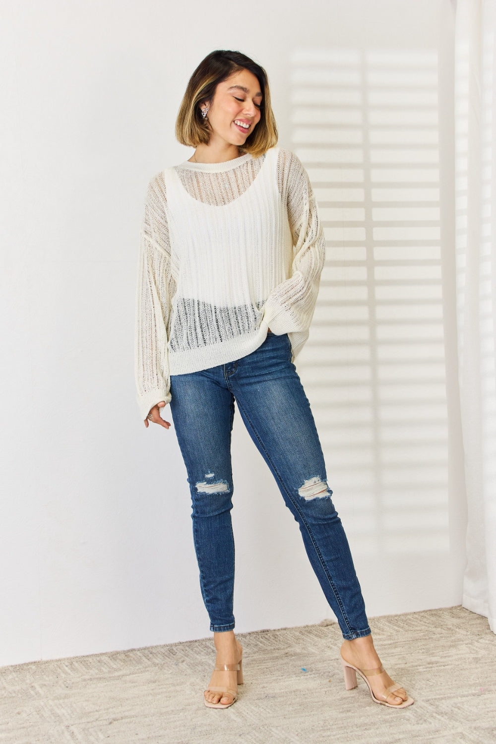 HYFVE Openwork Ribbed Trim Long Sleeve Knit Top 