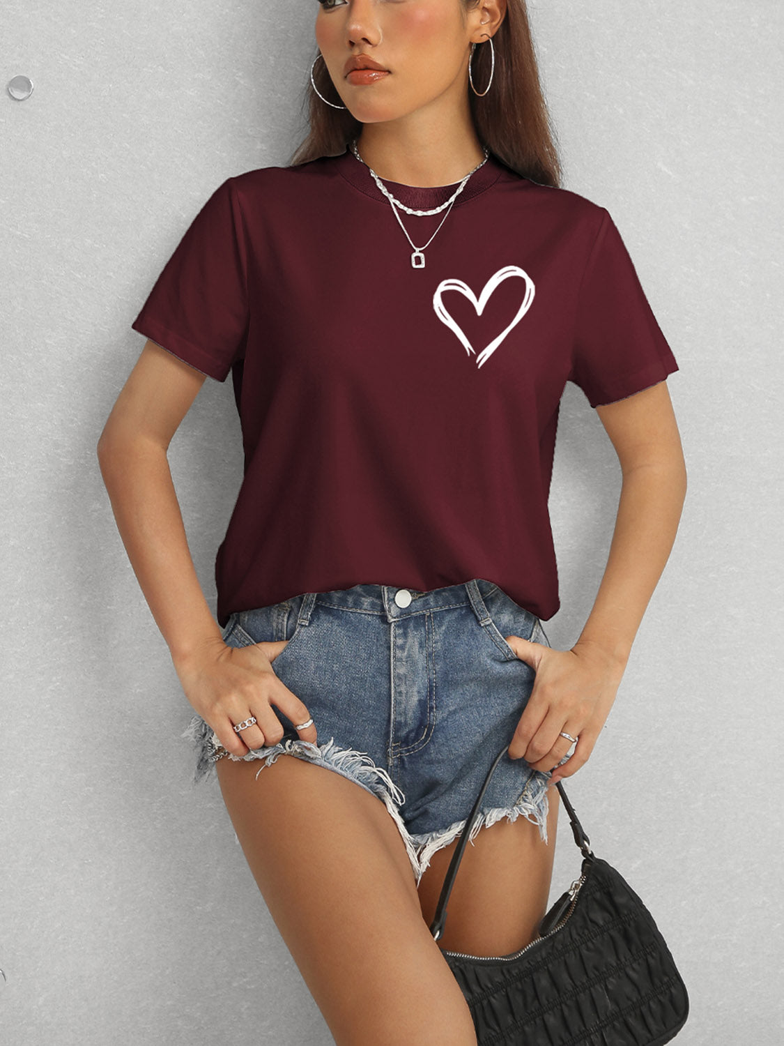 Heart Round Neck Short Sleeve T-Shirt 