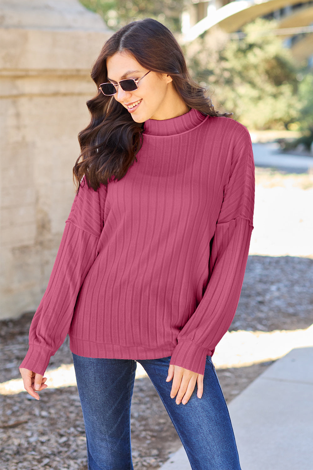 Basic Bae Full Size Ribbed Exposed Seam Mock Neck Knit Top 