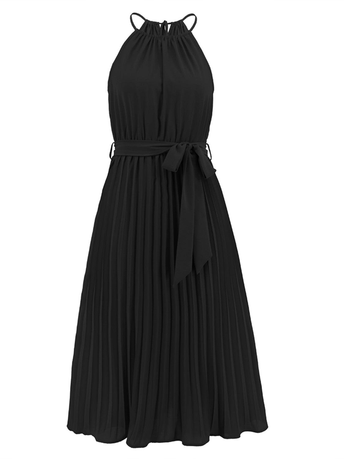 Pleated Spaghetti Strap Tie Waist Midi Dress