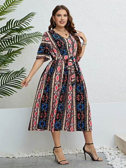 Plus Size Bohemian V-Neck Tie Belt Midi Dress 