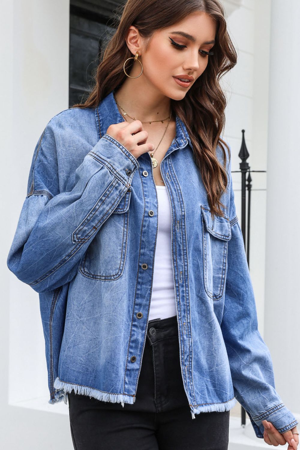 Raw Hem Pocketed Collared Neck Denim Jacket 