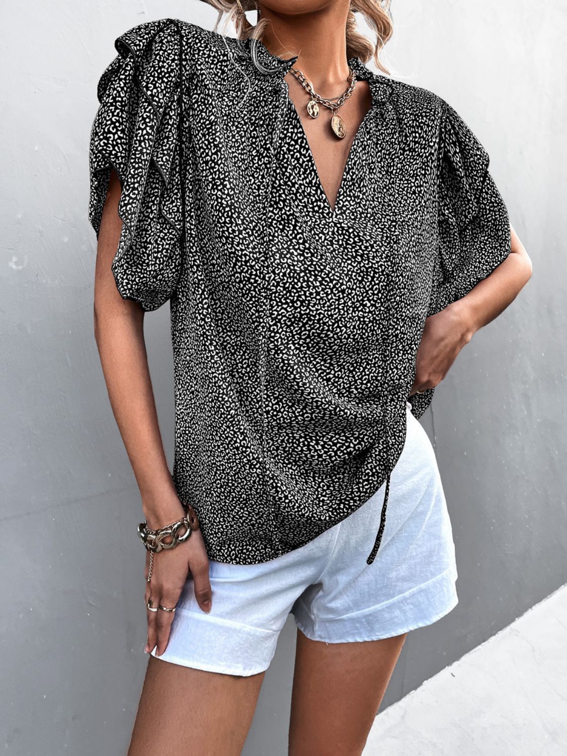 Printed Flutter Sleeve V-Neck Top 