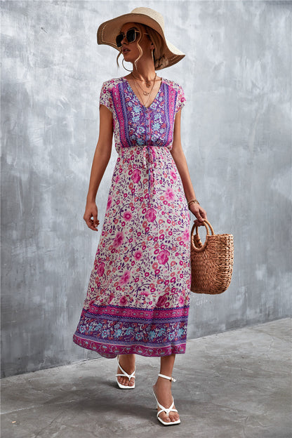 V-Neck Short Sleeve Printed Maxi Dress 