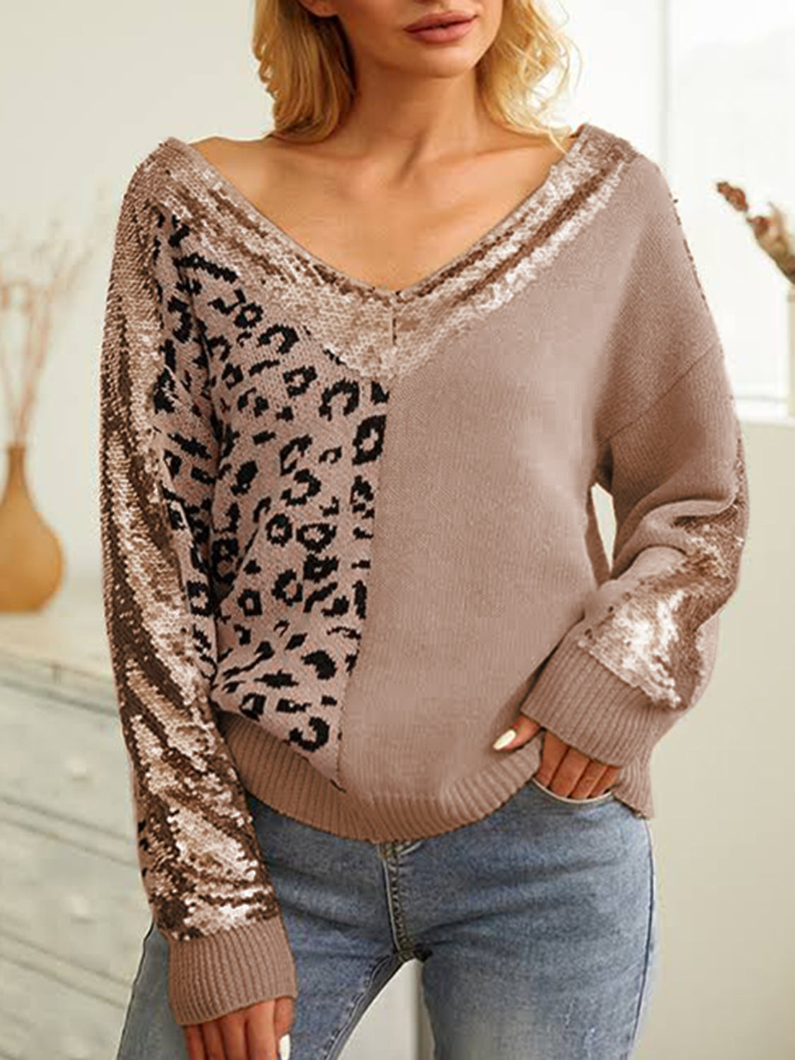 Leopard Sequin V-Neck Long Sleeve Sweater 