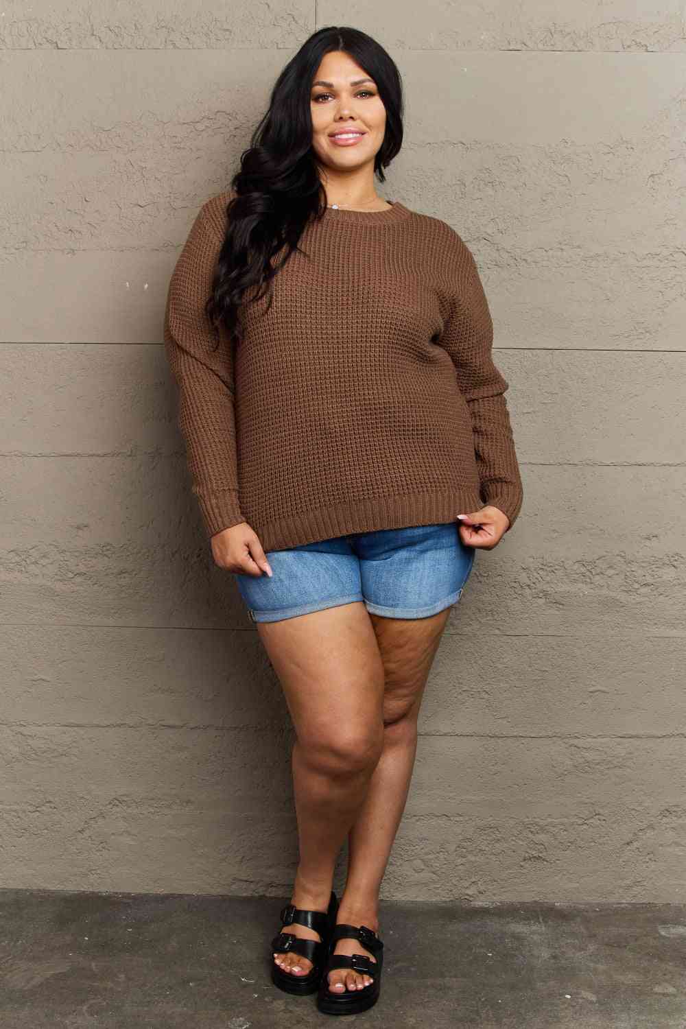 Zenana Breezy Days Plus Size High Low Waffle Knit Sweater 