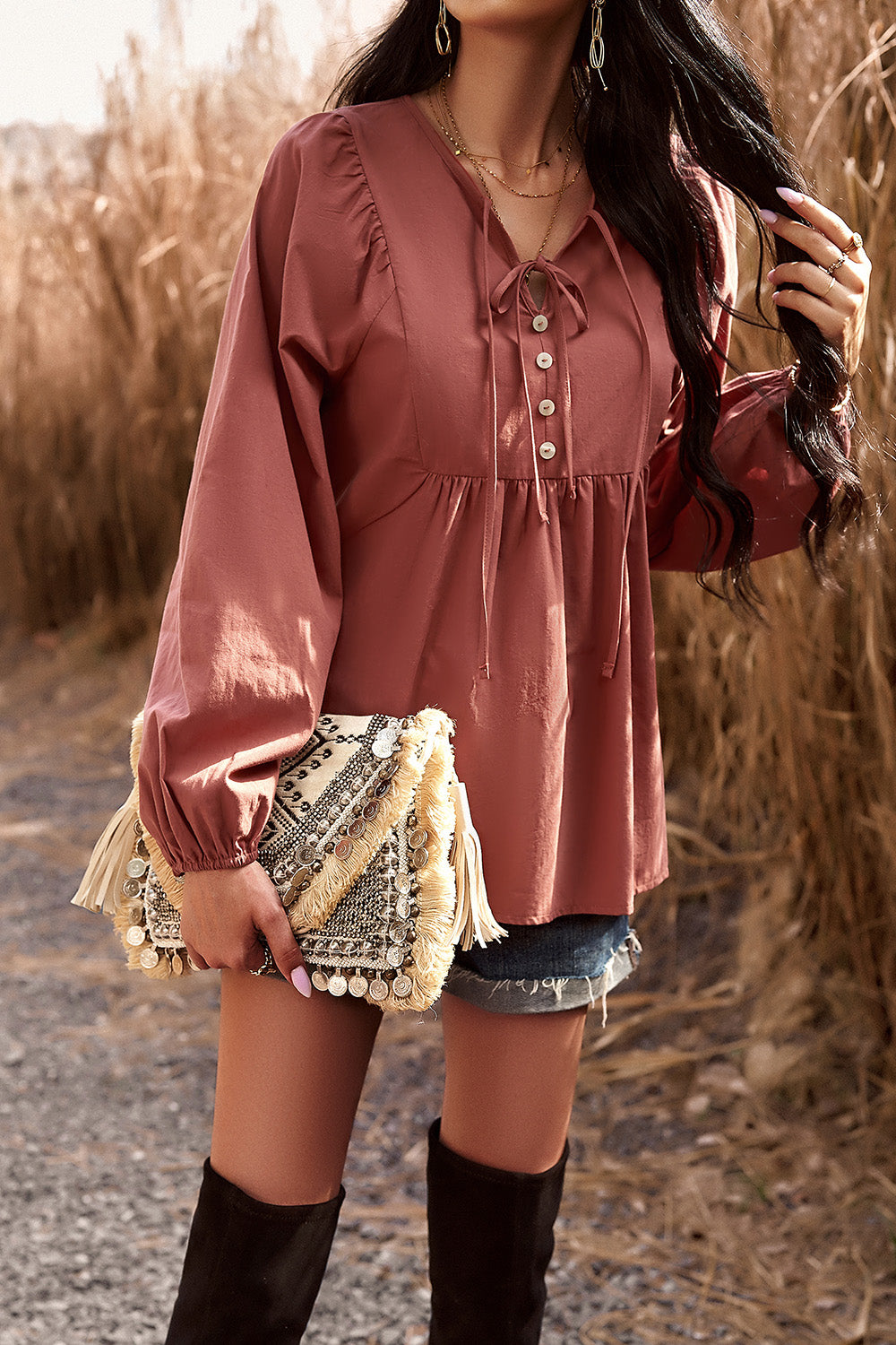 Tied Decorative Button Balloon Sleeve Blouse 