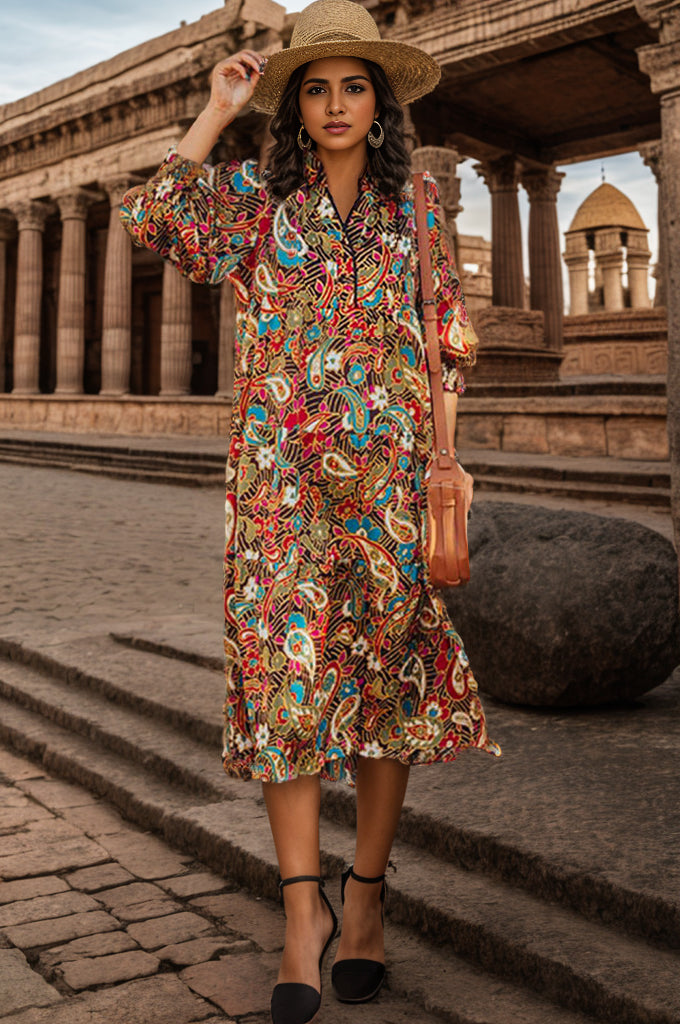 Printed Surplice Lantern Sleeve Midi Dress - Babbazon Midi Dress