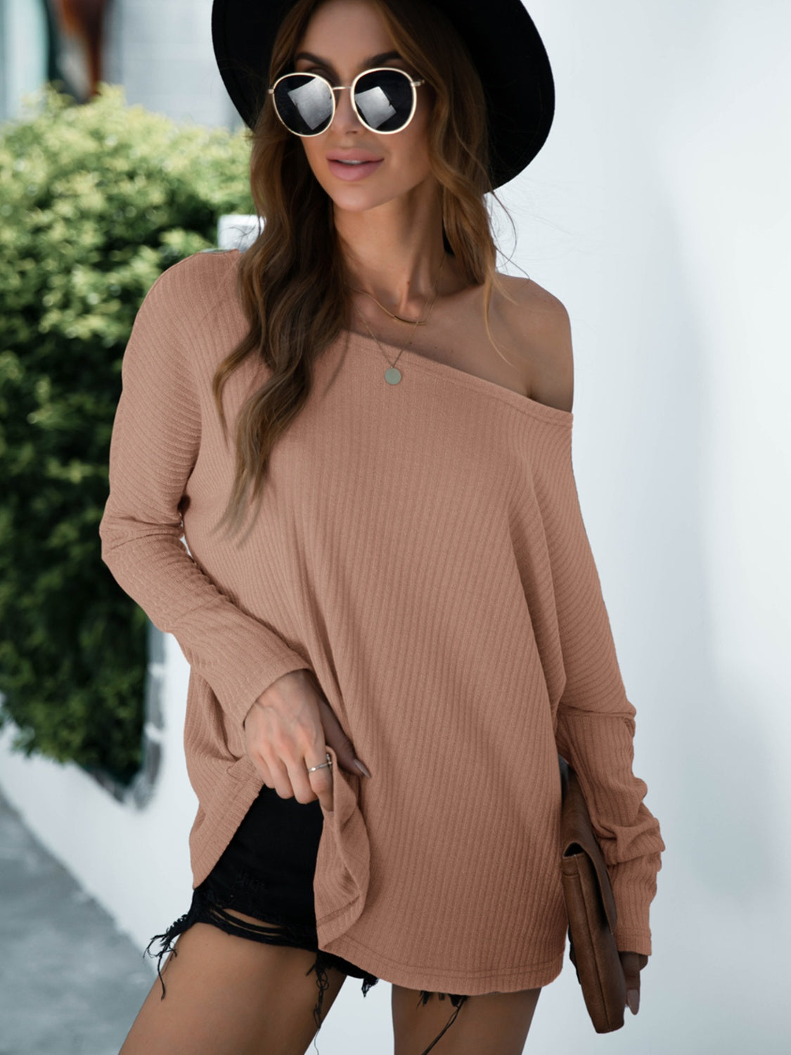 Single Shoulder Long Sleeve Knit Top 