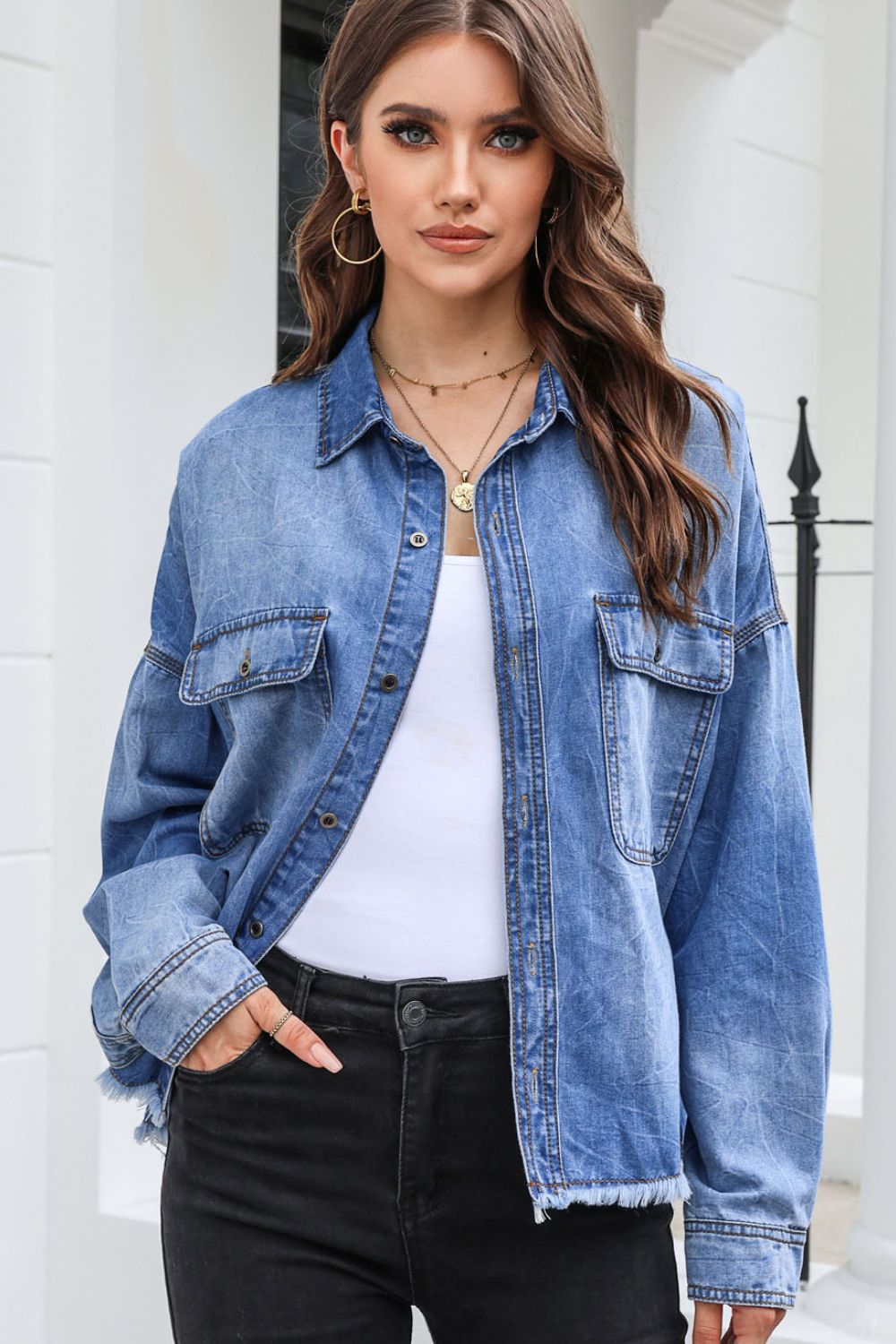 Raw Hem Pocketed Collared Neck Denim Jacket 